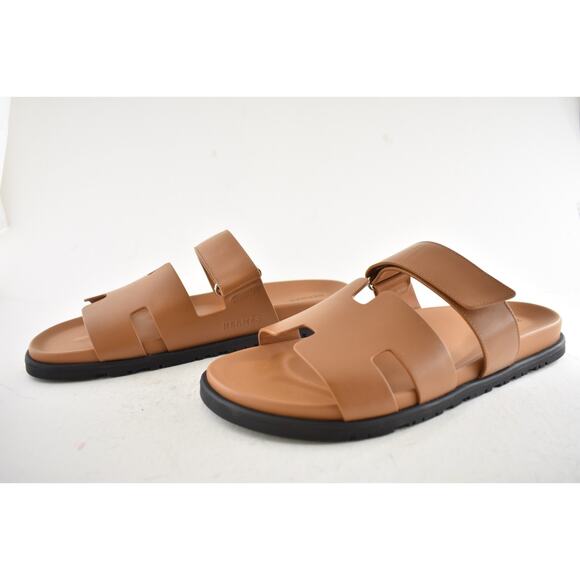 Hermes Chypre Sandal Mens Naturel Brown Gold Leather H Logo Slide Flat 45 12 - Picture 11 of 13